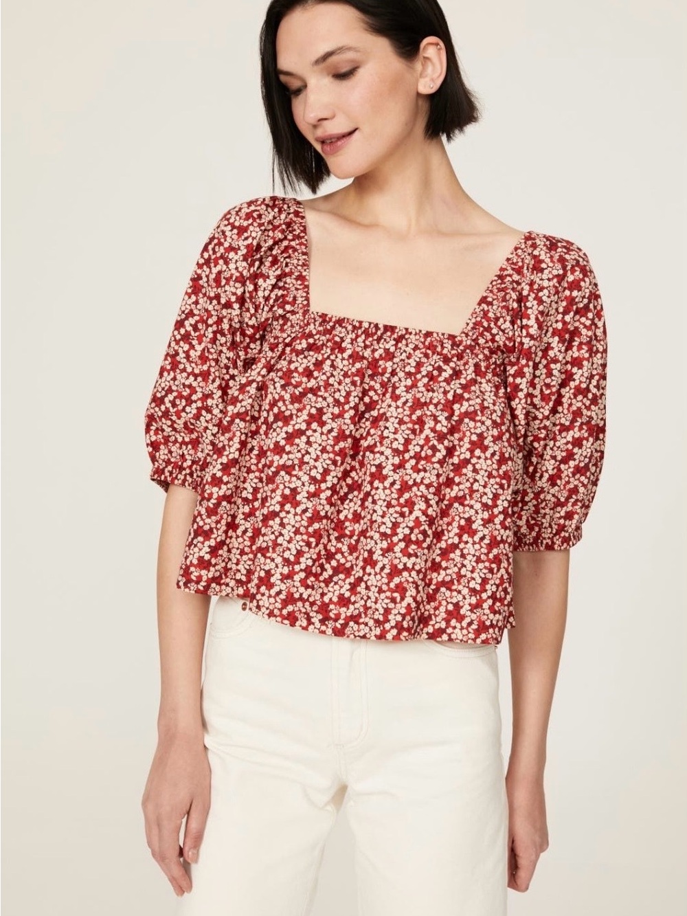 Apiece Apart~Gali Shirred~Red Floral Square-Neck Puff Sleeve Blouse~Size XS~$245